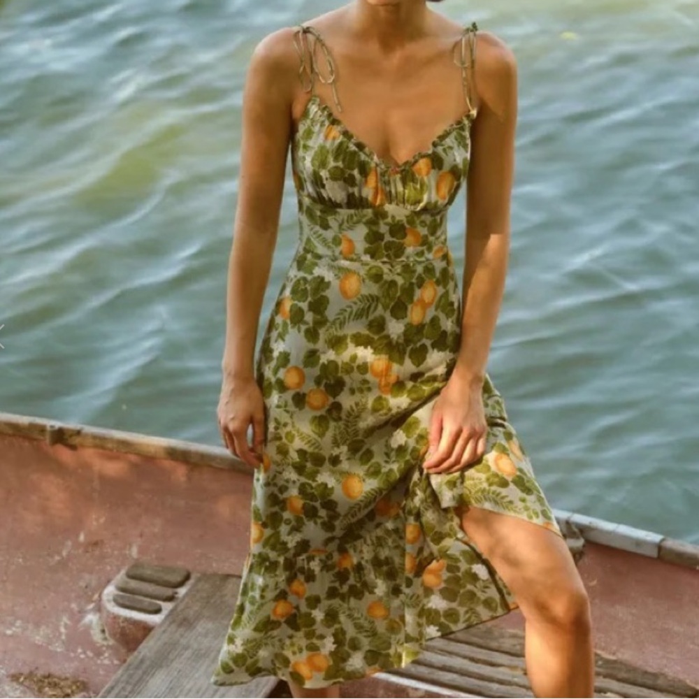 Reformation Embry Green Dress with Oranges
